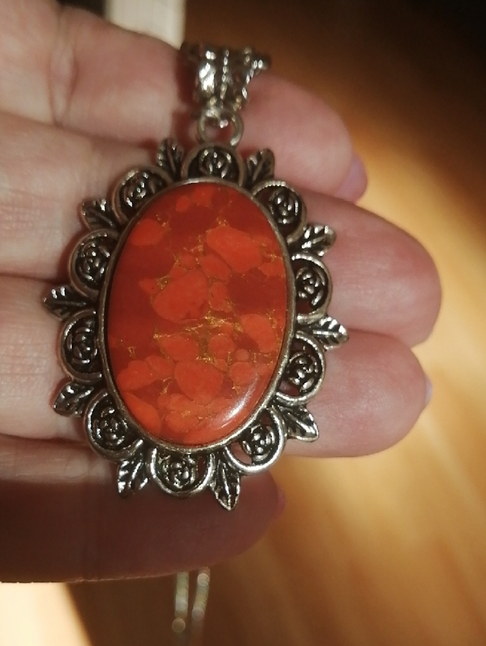Vintage-Style Orange Stone Pendant In Silver Tone Chain 20" Long Necklace